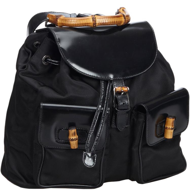 Pre Owned Gucci Black Bamboo Canvas Drawstring Backpack