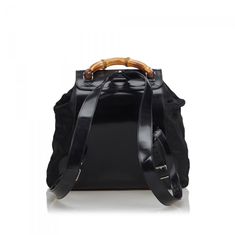 Pre Owned Gucci Black Bamboo Canvas Drawstring Backpack