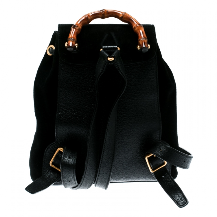 مملوكة مسبقًا Gucci Black Suede and Leather Mini Bamboo Handle Backpack Bag
