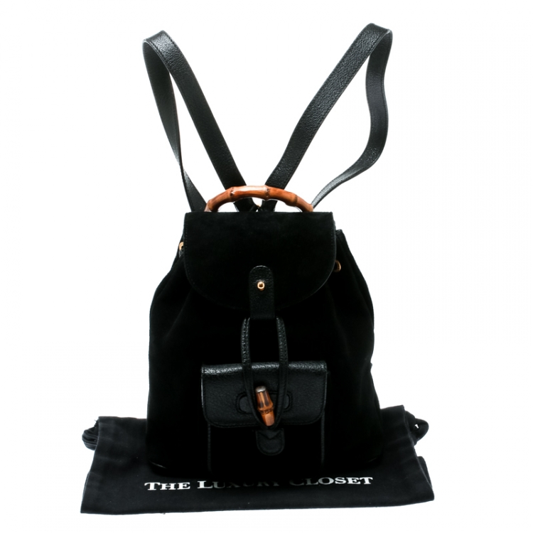 مملوكة مسبقًا Gucci Black Suede and Leather Mini Bamboo Handle Backpack Bag