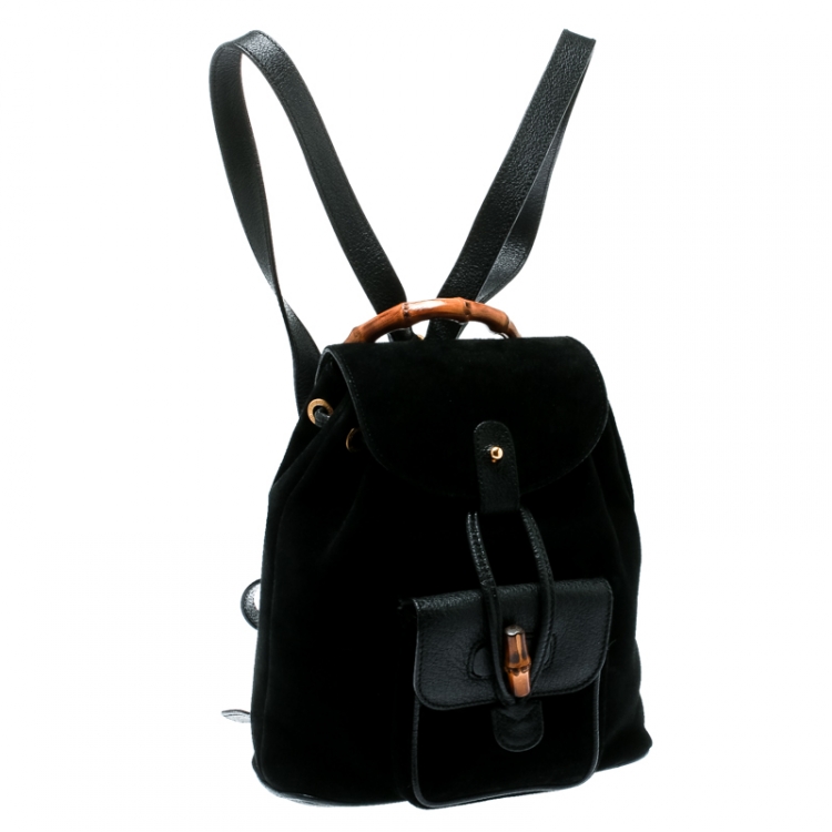 مملوكة مسبقًا Gucci Black Suede and Leather Mini Bamboo Handle Backpack Bag