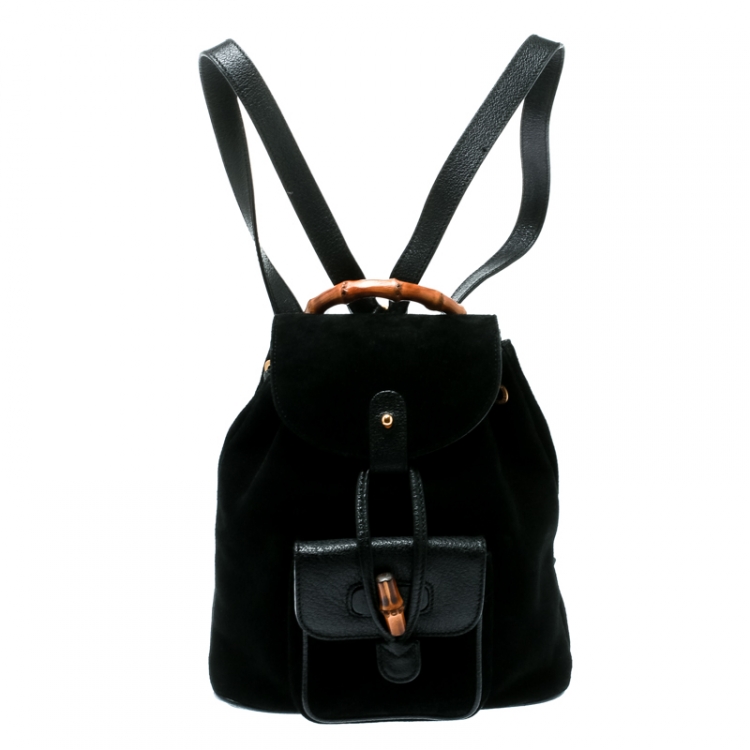 Gucci Black Suede and Leather Mini Bamboo Handle Backpack Bag