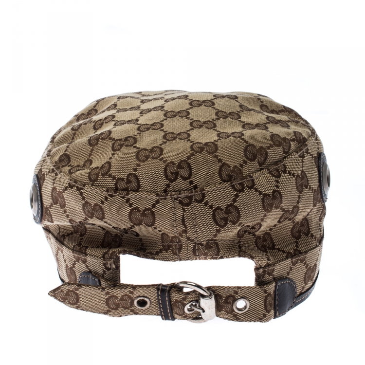 Pre Owned Gucci Brown & Beige Monogram Print Canvas Eyelet Detail Guccisima Military Hat XL