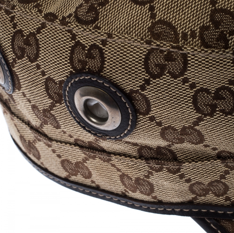 Pre Owned Gucci Brown & Beige Monogram Print Canvas Eyelet Detail Guccisima Military Hat XL