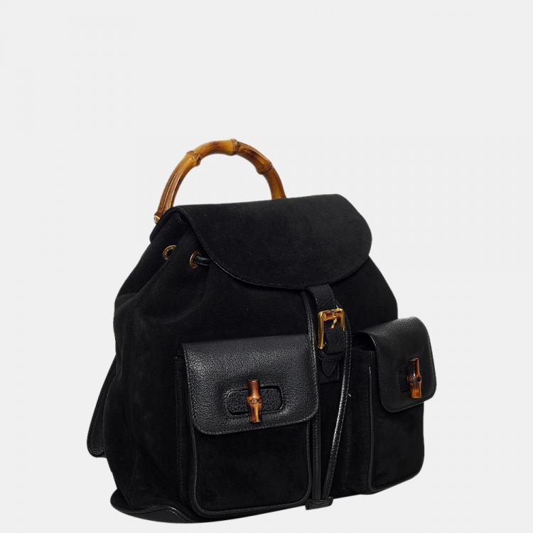 مملوكة مسبقًا Gucci Black Bamboo Suede Drawstring Backpack