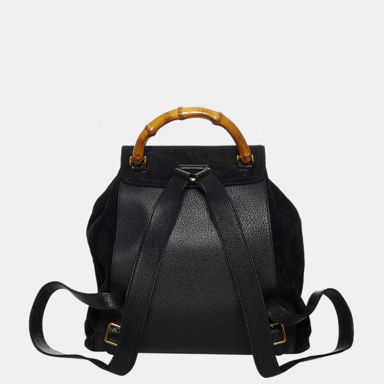 مملوكة مسبقًا Gucci Black Bamboo Suede Drawstring Backpack