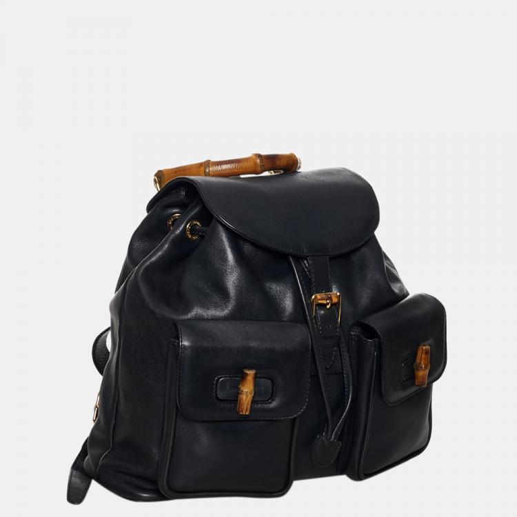 Pre Owned Gucci Black Bamboo Drawstring Leather Backpack