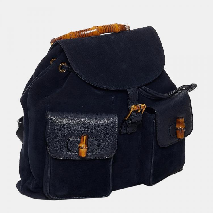 مملوكة مسبقًا Gucci Blue Bamboo Suede Drawstring Backpack