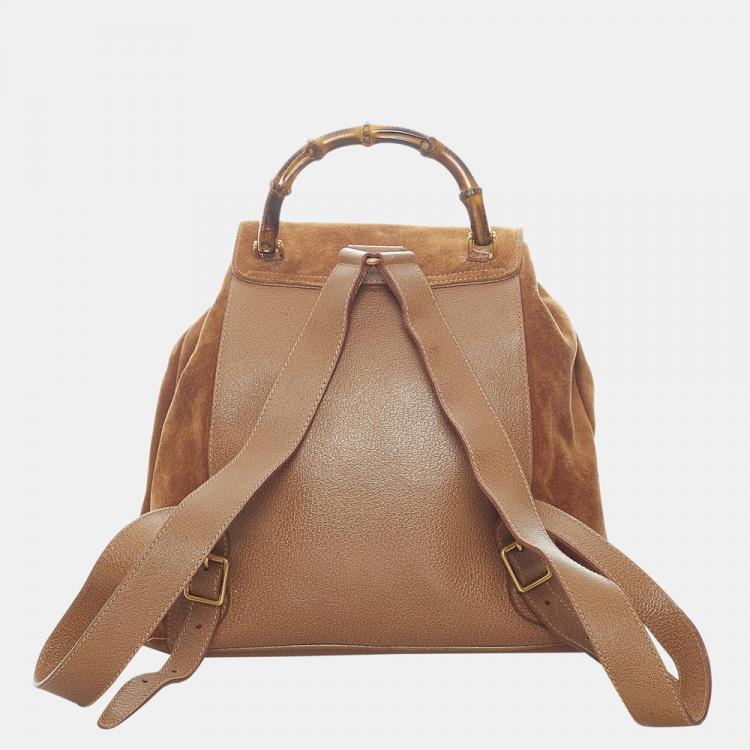 مملوكة مسبقًا Gucci Brown Bamboo Suede Drawstring Backpack