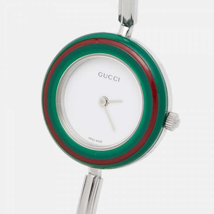 مملوكة مسبقًا Gucci White Stainless Steel Vintage Interchangeable Bezel 11/12.2L Women's Wristwatch 26 mm