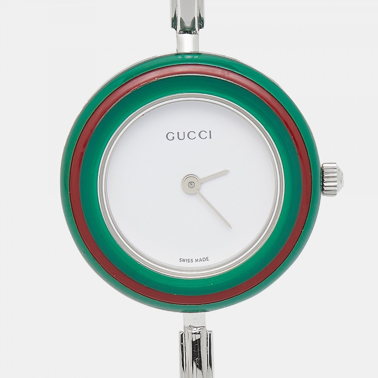 مملوكة مسبقًا Gucci White Stainless Steel Vintage Interchangeable Bezel 11/12.2L Women's Wristwatch 26 mm