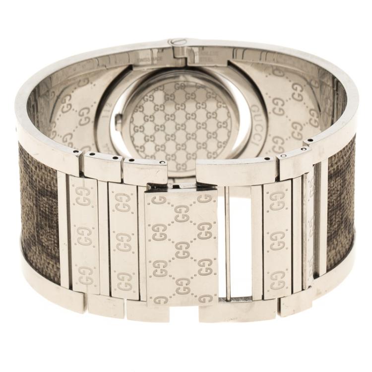 Pre Owned Gucci Twirl Brown Stainless Steel GG Supreme Print Canvas Bangle Bracelet Women's Wristwatch 23.50 mm