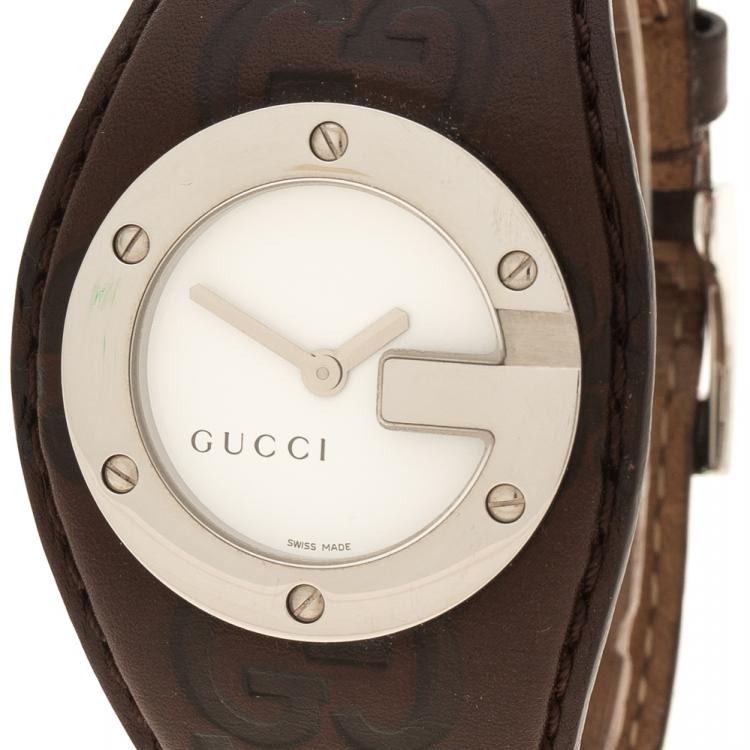 Pre Owned Gucci White 104 Bandeau Leather Women's Wristwatch 31 mm