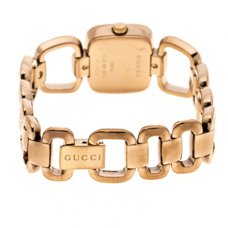 Pre Owned Gucci White Mother of Pearl Rose Gold Plated Steel G Series 125.5 Women's Wristwatch 24 mm