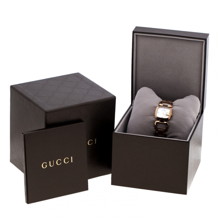 Pre Owned Gucci White Mother of Pearl Rose Gold Plated Steel G Series 125.5 Women's Wristwatch 24 mm