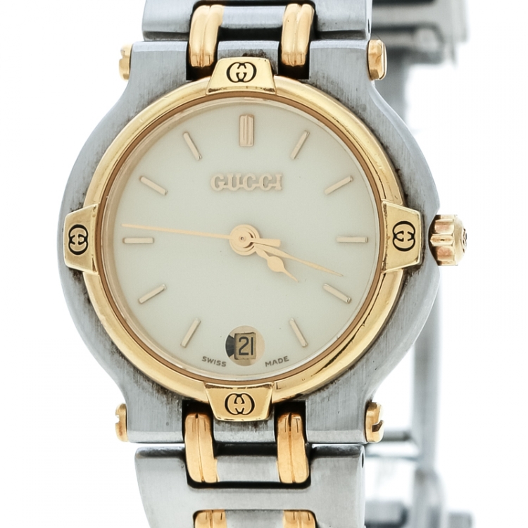 Pre Owned Gucci Cream Two-Tone Stainless Steel 9000L Women's Wristwatch 25 mm