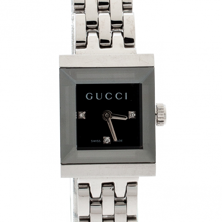 Pre Owned Gucci Black Stainless Steel G-Frame Diamonds 128.5 Women's Wristwatch 14 mm