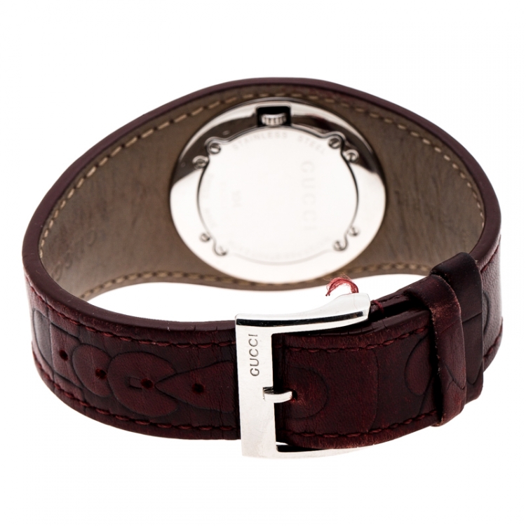 Pre Owned Gucci Silver White 104 Bandeau Leather Women's Wristwatch 31 mm