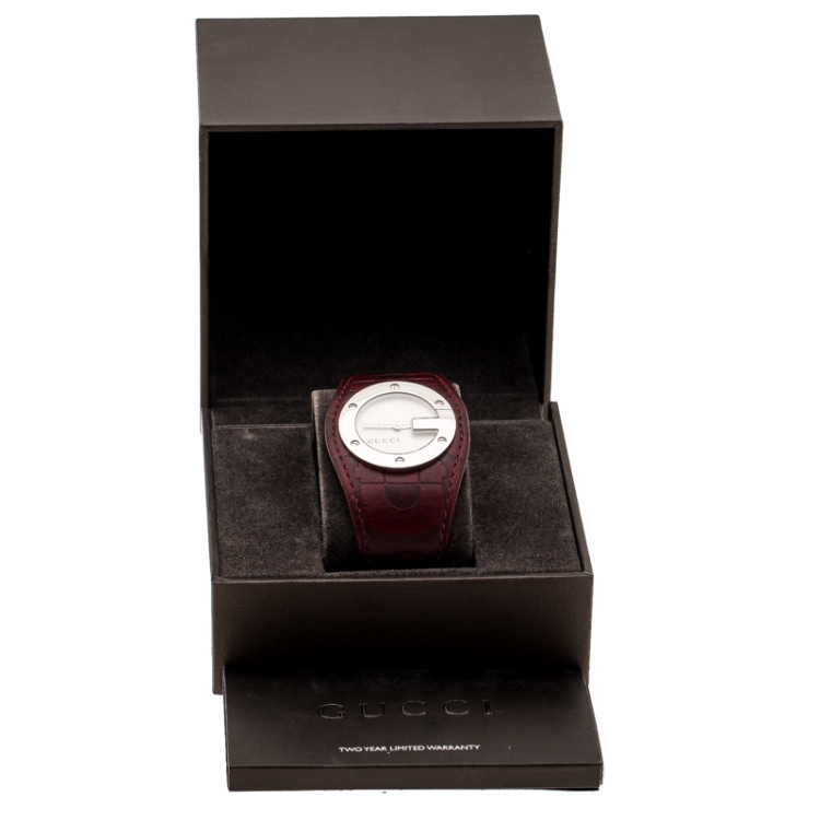 Pre Owned Gucci Silver White 104 Bandeau Leather Women's Wristwatch 31 mm