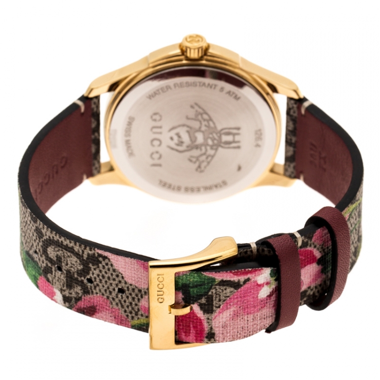 Pre Owned Gucci Pink Blooms Print Gold Plated Stainless Steel G-Timeless 126.4 Women's Wristwatch 36 mm