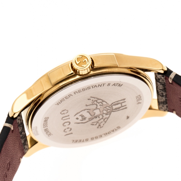 Pre Owned Gucci Pink Blooms Print Gold Plated Stainless Steel G-Timeless 126.4 Women's Wristwatch 36 mm