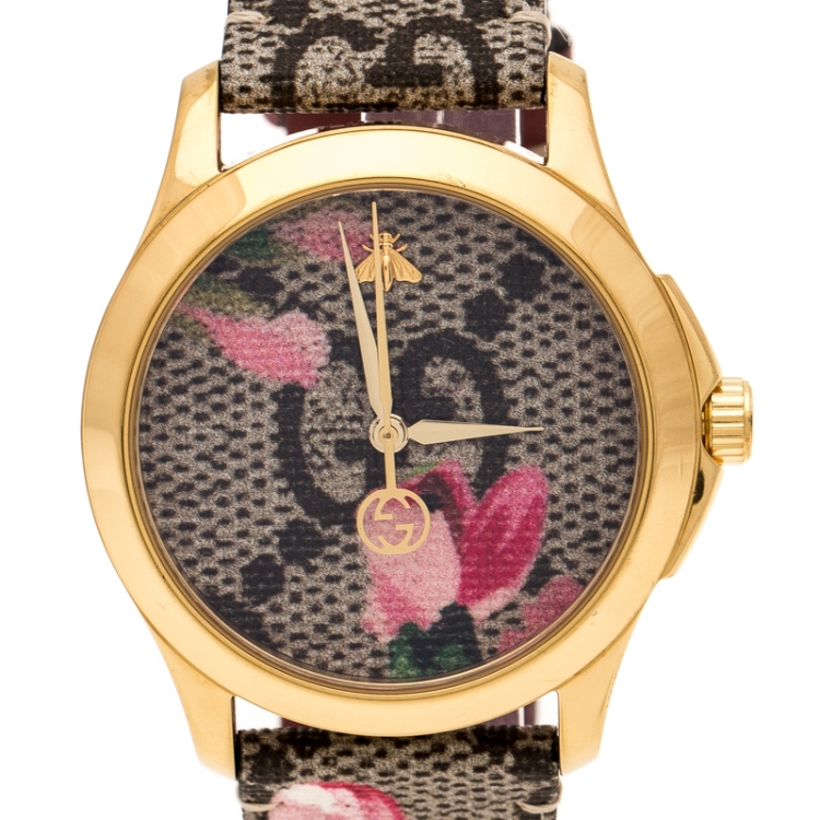 Pre Owned Gucci Pink Blooms Print Gold Plated Stainless Steel G-Timeless 126.4 Women's Wristwatch 36 mm