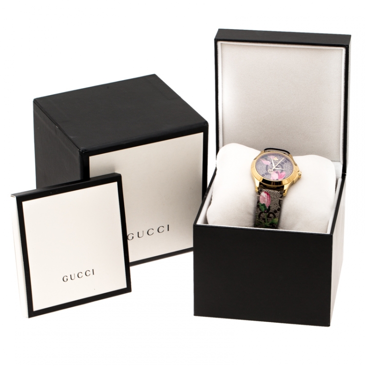 Pre Owned Gucci Pink Blooms Print Gold Plated Stainless Steel G-Timeless 126.4 Women's Wristwatch 36 mm