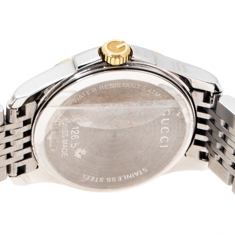 Pre Owned Gucci Silver Two-Tone Stainless Steel G-Timeless 126.5 Women's Wristwatch 27 mm