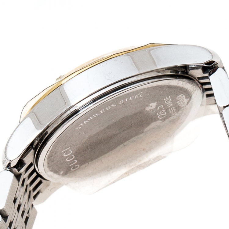 Pre Owned Gucci Silver Two-Tone Stainless Steel G-Timeless 126.5 Women's Wristwatch 27 mm