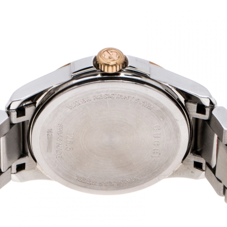 Pre Owned Gucci Mother of Pearl Two-Tone Stainless Steel Diamonds G-Timeless 126.5 Women's Wristwatch 27 mm