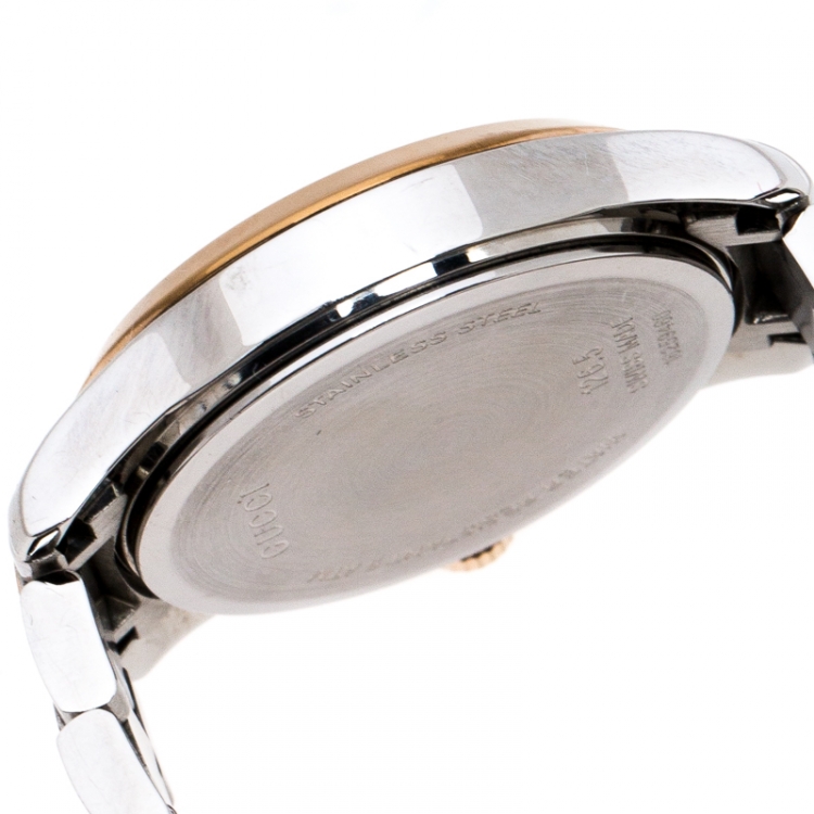 Pre Owned Gucci Mother of Pearl Two-Tone Stainless Steel Diamonds G-Timeless 126.5 Women's Wristwatch 27 mm