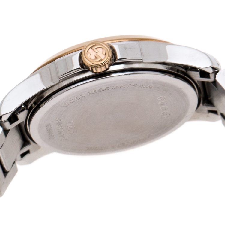 Pre Owned Gucci Mother of Pearl Two-Tone Stainless Steel Diamonds G-Timeless 126.5 Women's Wristwatch 27 mm