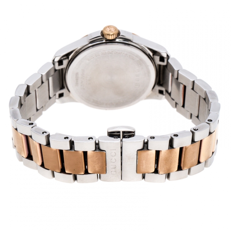 Pre Owned Gucci Mother of Pearl Two-Tone Stainless Steel Diamonds G-Timeless 126.5 Women's Wristwatch 27 mm