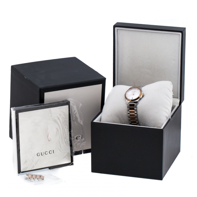 Pre Owned Gucci Mother of Pearl Two-Tone Stainless Steel Diamonds G-Timeless 126.5 Women's Wristwatch 27 mm