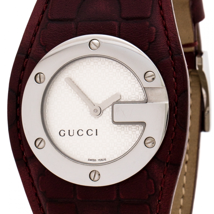 Pre Owned Gucci Silver White 104 Bandeau Leather Women's Wristwatch 31 mm