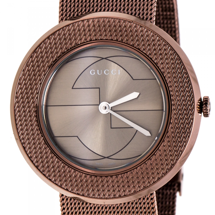Pre Owned Gucci Grey Dial Bronze Tone Stainless Steel U-Play 129.4 Women's Wristwatch 35 mm