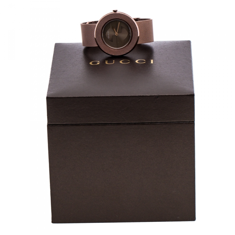 Pre Owned Gucci Grey Dial Bronze Tone Stainless Steel U-Play 129.4 Women's Wristwatch 35 mm
