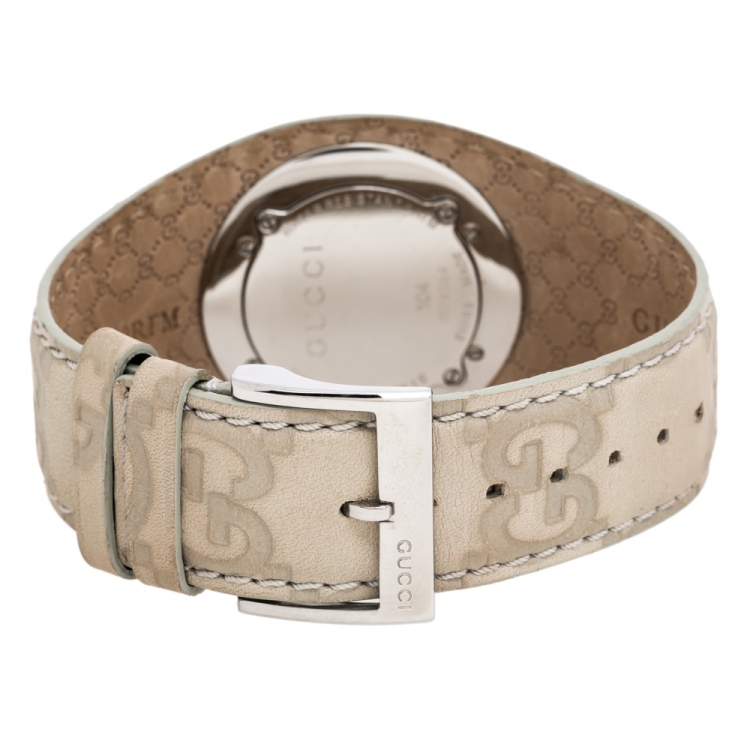 Pre Owned Gucci White Stainless Steel Leather G-Bandeau 104 Women's Wristwatch 31 mm