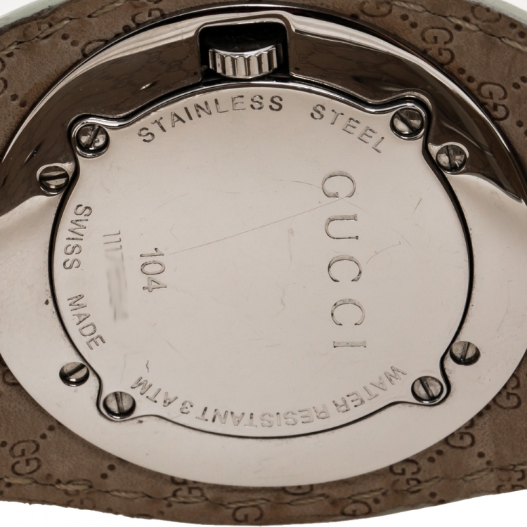 Pre Owned Gucci White Stainless Steel Leather G-Bandeau 104 Women's Wristwatch 31 mm