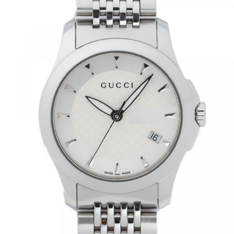 Pre Owned Gucci Silver White Stainless Steel G-Timeless 126.5 Women's Wristwatch 27 mm