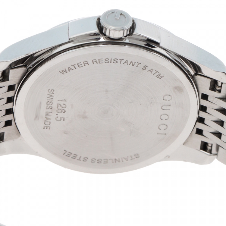 Pre Owned Gucci Silver White Stainless Steel G-Timeless 126.5 Women's Wristwatch 27 mm