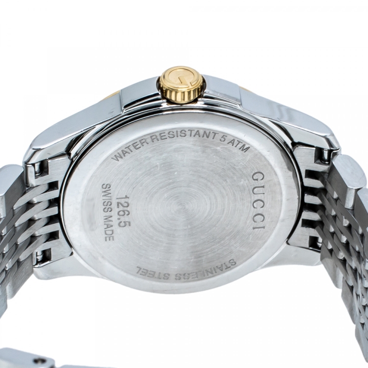 Pre Owned Gucci Mother of Pearl Two-Tone Stainless Steel Diamonds G-Timeless 126.5 Women's Wristwatch 27 mm