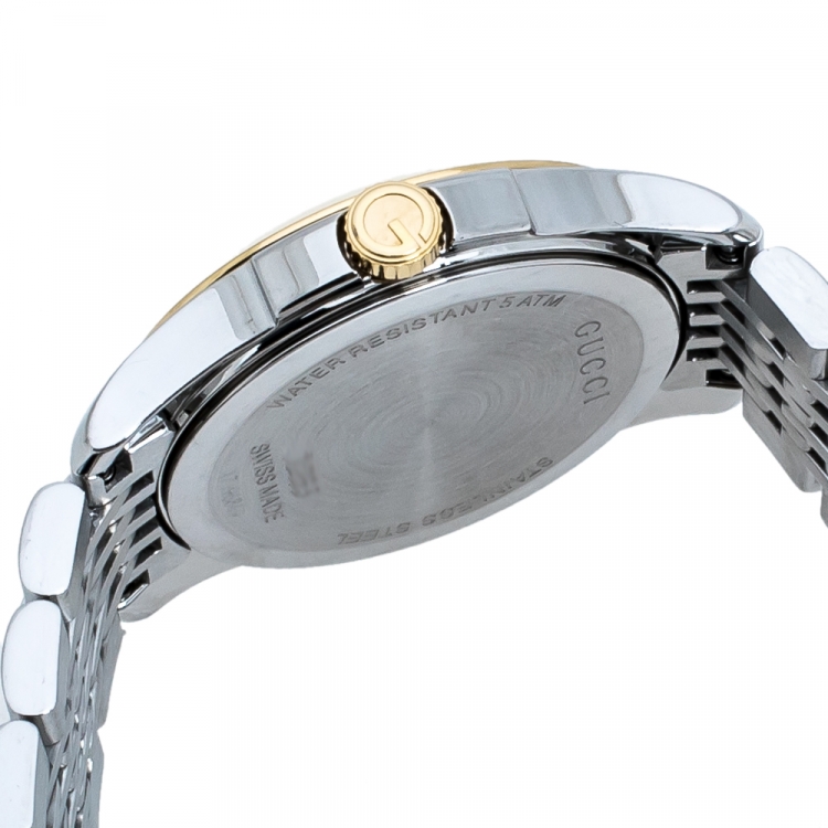 Pre Owned Gucci Mother of Pearl Two-Tone Stainless Steel Diamonds G-Timeless 126.5 Women's Wristwatch 27 mm