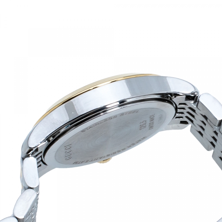 Pre Owned Gucci Mother of Pearl Two-Tone Stainless Steel Diamonds G-Timeless 126.5 Women's Wristwatch 27 mm