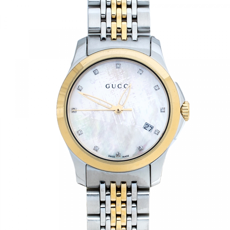 Pre Owned Gucci Mother of Pearl Two-Tone Stainless Steel Diamonds G-Timeless 126.5 Women's Wristwatch 27 mm
