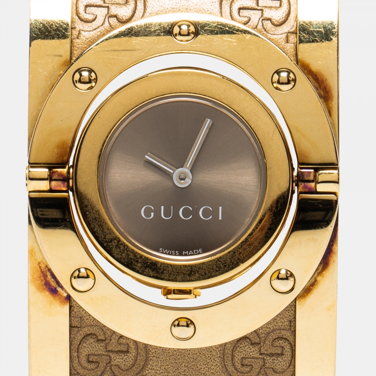 Pre Owned Gucci Brown Gold Plated Stainless Steel Twirl YA112434 Women's Wristwatch 33 mm