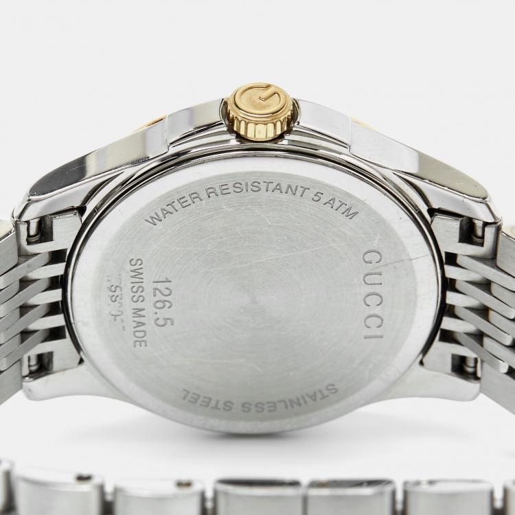 Pre Owned Gucci Mother of Pearl Diamond Two Tone Stainless Steel G-Timeless YA126513  Women's Wristwatch 27 mm