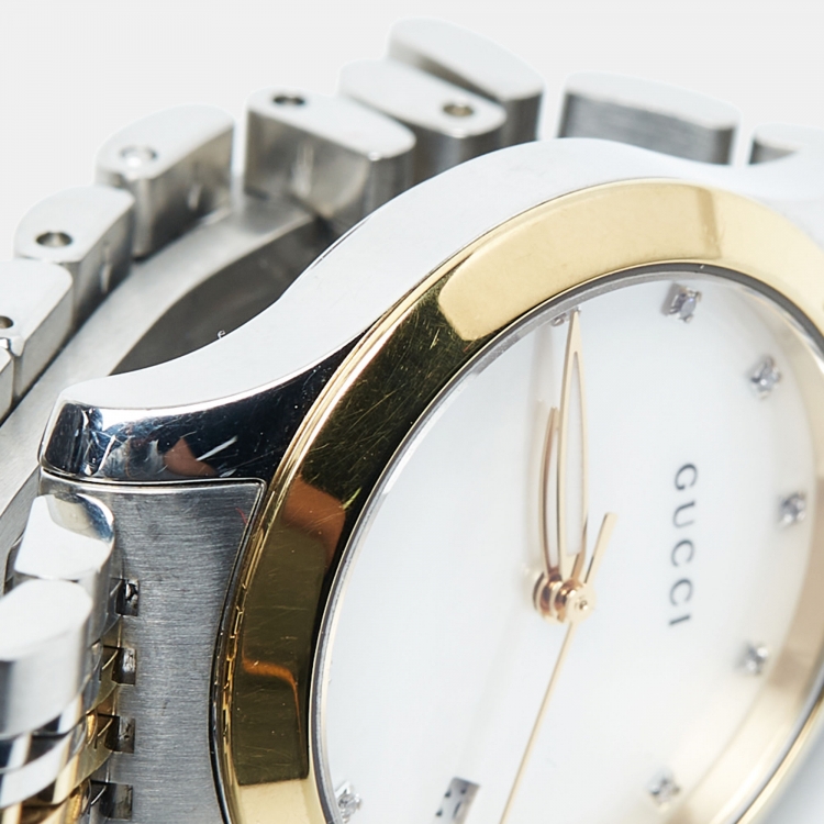 Pre Owned Gucci Mother of Pearl Diamond Two Tone Stainless Steel G-Timeless YA126513  Women's Wristwatch 27 mm