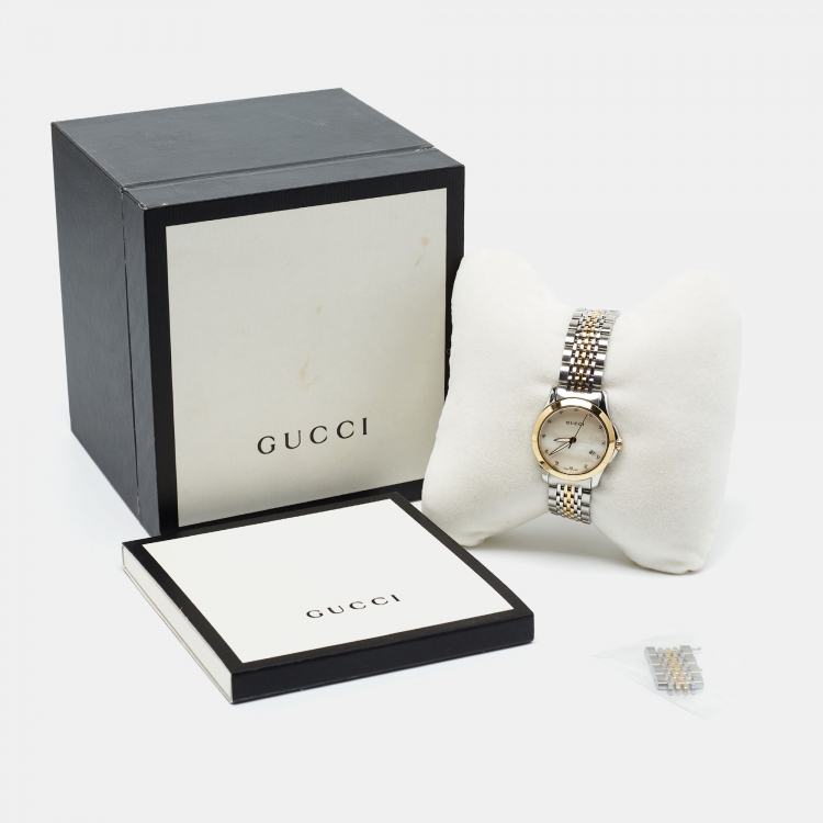 Pre Owned Gucci Mother of Pearl Diamond Two Tone Stainless Steel G-Timeless YA126513  Women's Wristwatch 27 mm