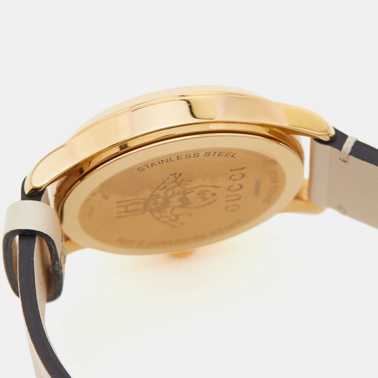 Pre Owned Gucci White Gold Plated Stainless Steel Leather G-Timeless YA1264096 Women's Wristwatch 38 mm